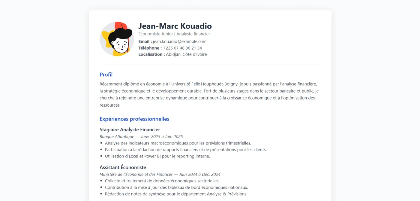 Capture 1 du site Modèle CV – Économiste & Analyste Financier sur ordinateur
