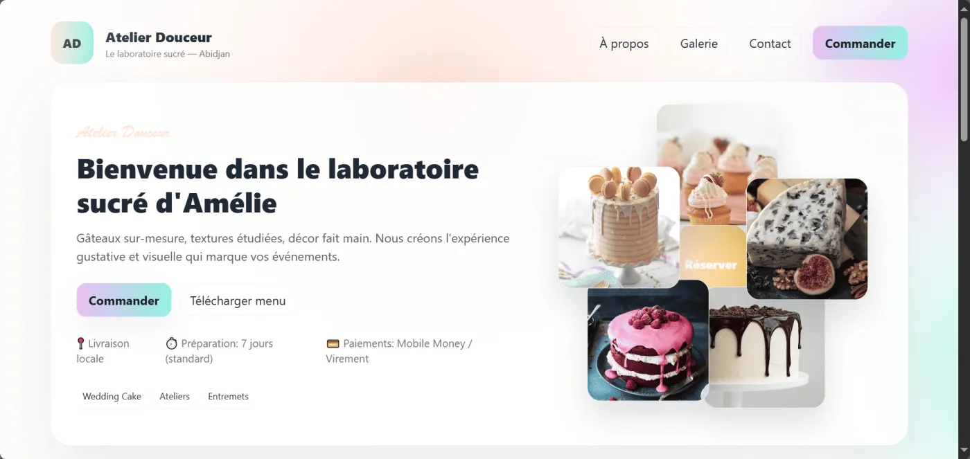 Capture 1 du site Atelier Douceur – Pâtisserie Créative sur ordinateur