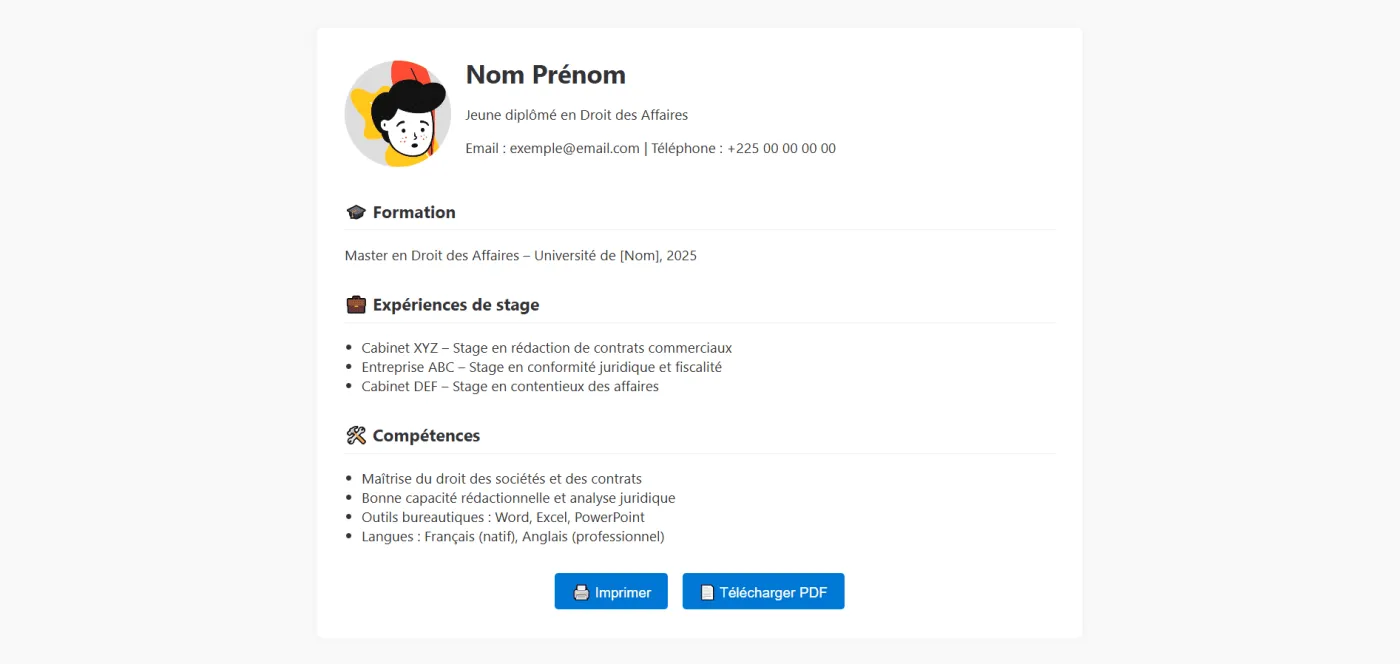 Capture 1 du site Modèle CV – Jeune Diplômé en Droit des Affaires sur ordinateur