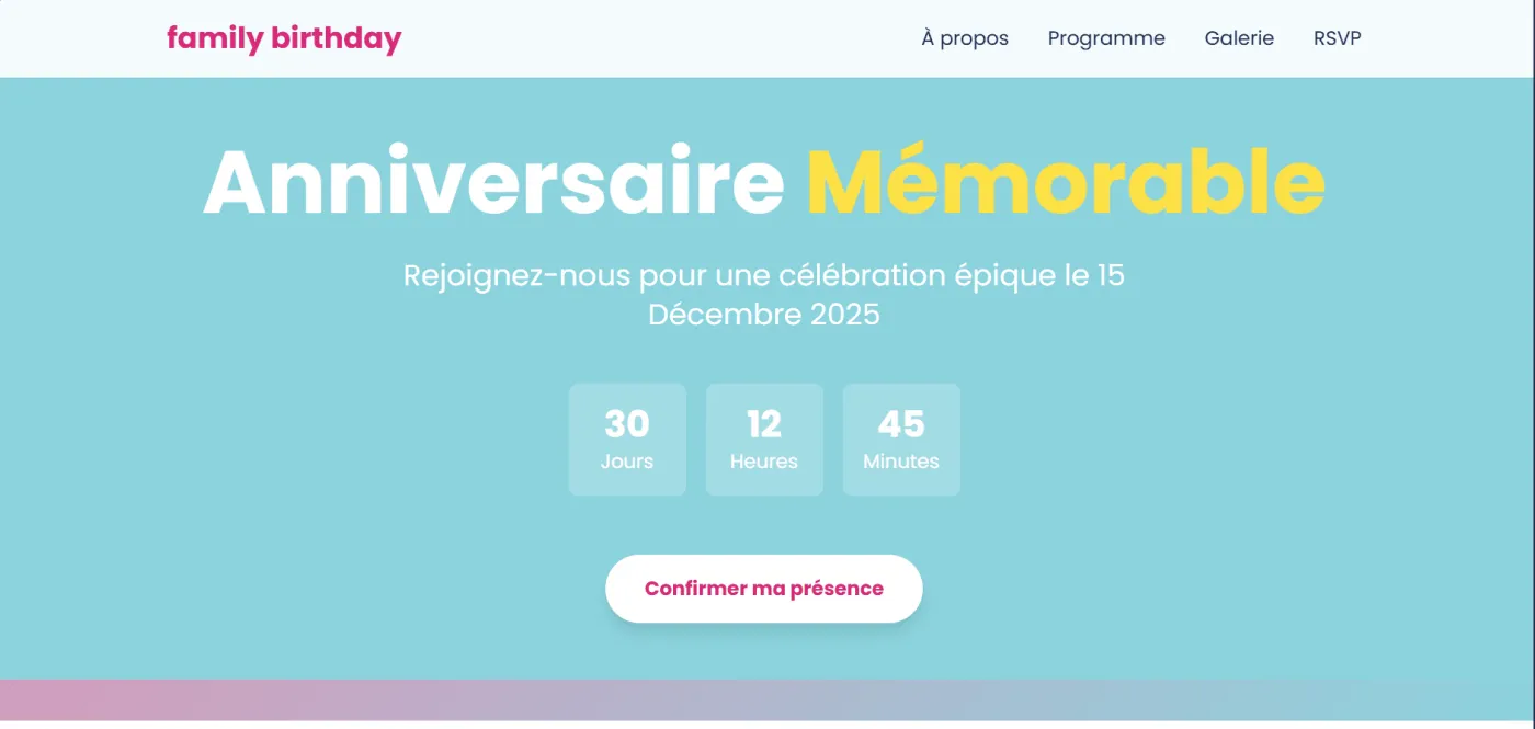 Capture 1 du site PartyPulse – Anniversaire Mémorable sur ordinateur