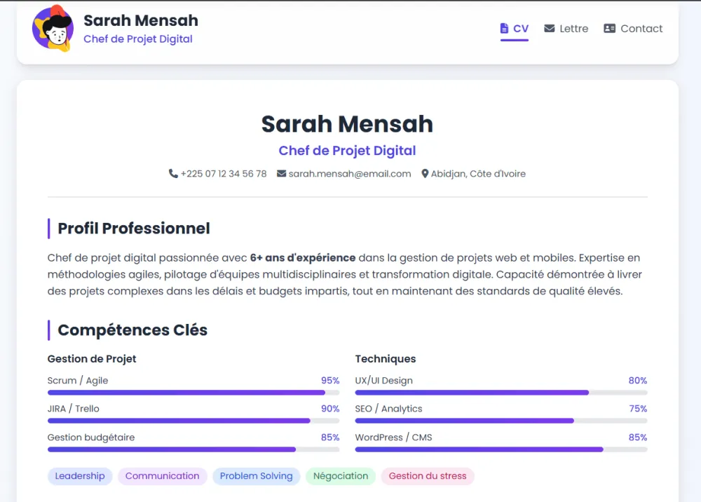 CV en ligne de Sarah Mensah, réalisé par Elpton