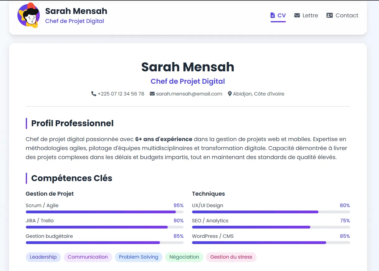 Capture 1 du site Modèle CV – Chef de Projet Digital sur ordinateur